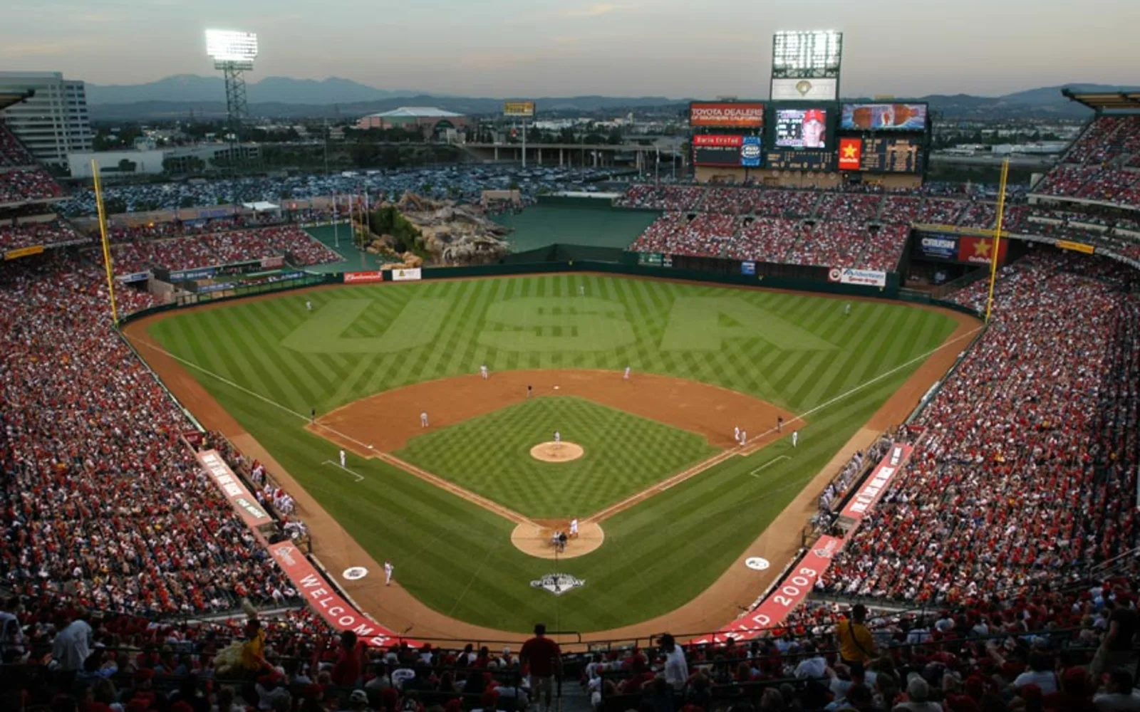 Interior of Angel Stadium in Anaheim, with the baseball field in view.